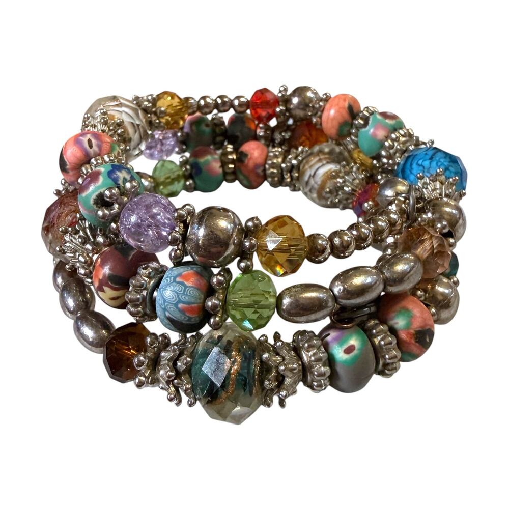 Vintage Premier Design Boho Beaded Wrap Bracelet Womens Multicolor Silver Tone
